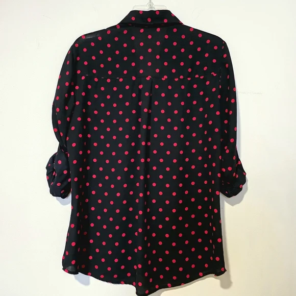 Express Black Red Polka Dot Slim Fit LP Blouse Roll Tab Large Petite - Picture 4 of 9